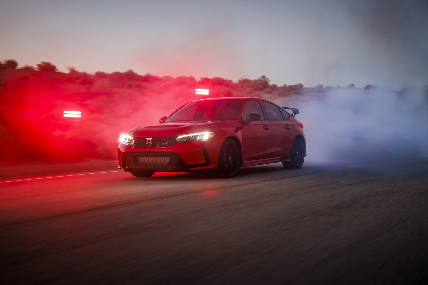 A 2025 Honda Civic Type R FL5 launching down the road after performance upgrades were done by Vtec Slayer