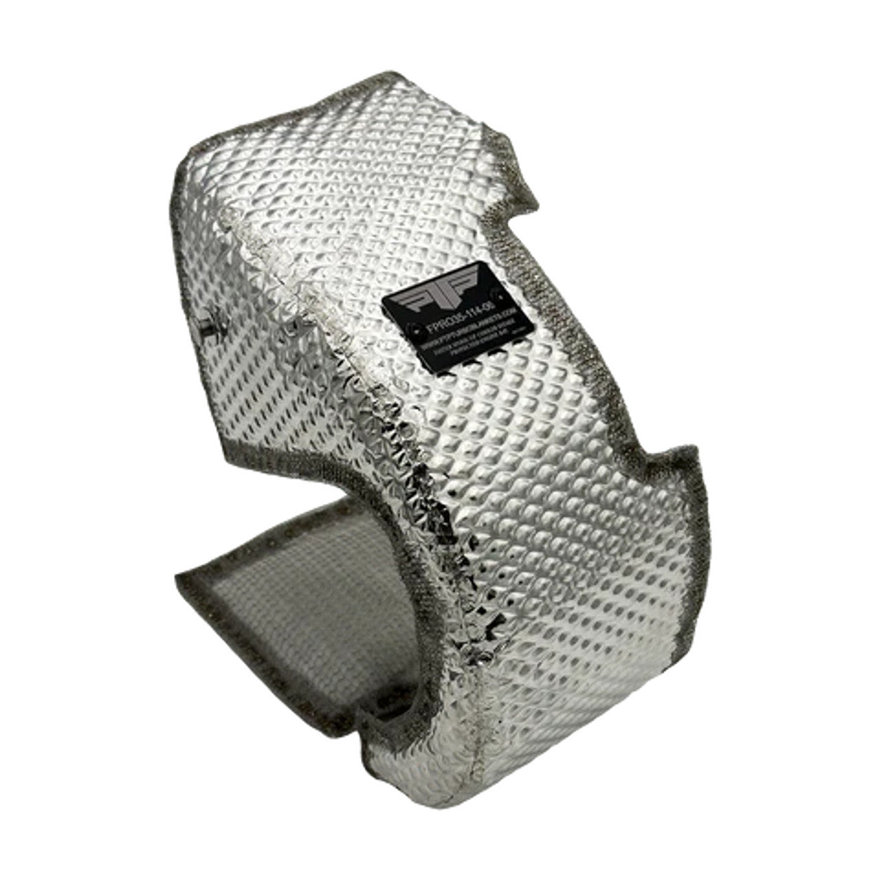 a close up view of the hybrid turbo k20c blanket by PTP that is hard lagged for heat management in a silver color