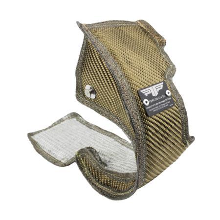 Close-up of PTP Lava Turbo Blanket for Honda K20C engines, showing high-temp volcanic fiber weave and stainless steel mesh construction.