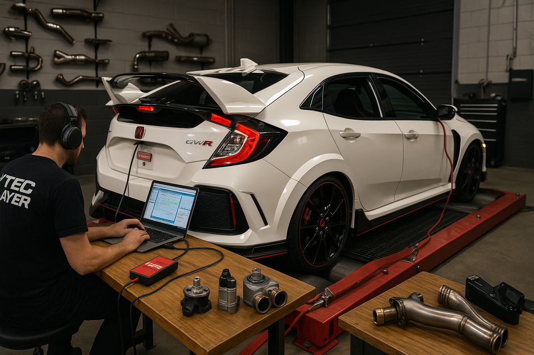 A Vtec Slayer tuner uploading a custom Hondata Flashpro map calibration to a 10th generation Honda Civic Type R FK8