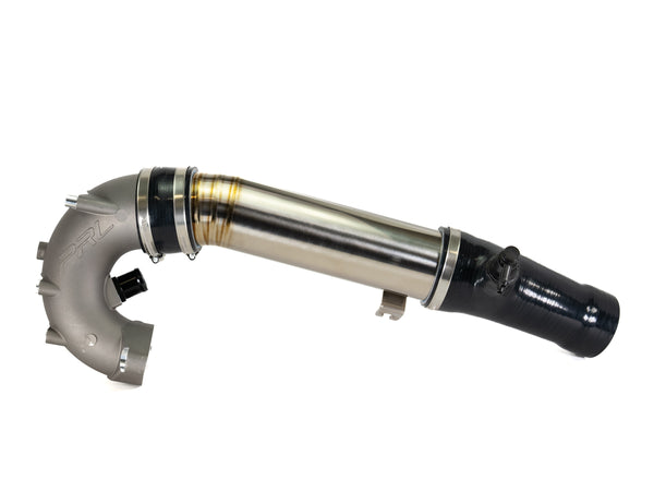 Close-up of PRL turbo inlet pipe in titanium finish