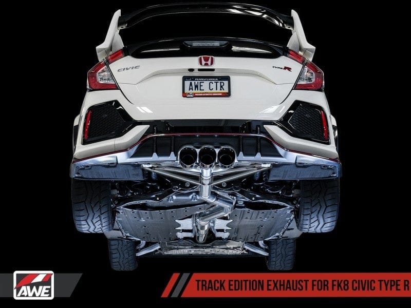 Rear view of the AWE Tuning 2017+ Honda Civic Type R Track Edition Exhaust kit installed on a car lift.