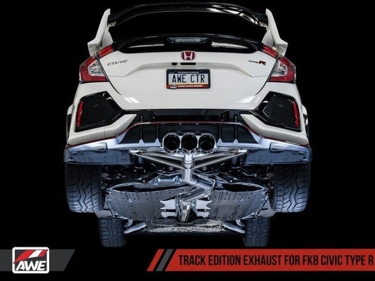 Rear view of the AWE Tuning 2017+ Honda Civic Type R Track Edition Exhaust kit installed on a car lift.