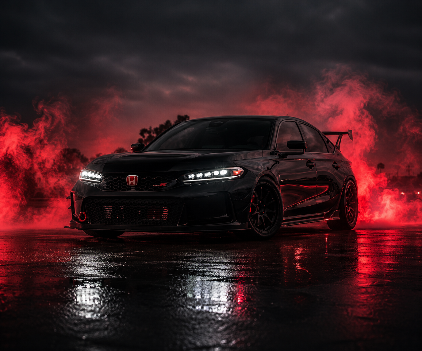 Black Honda Civic Type R FL5 on a dark background with red smoke effects